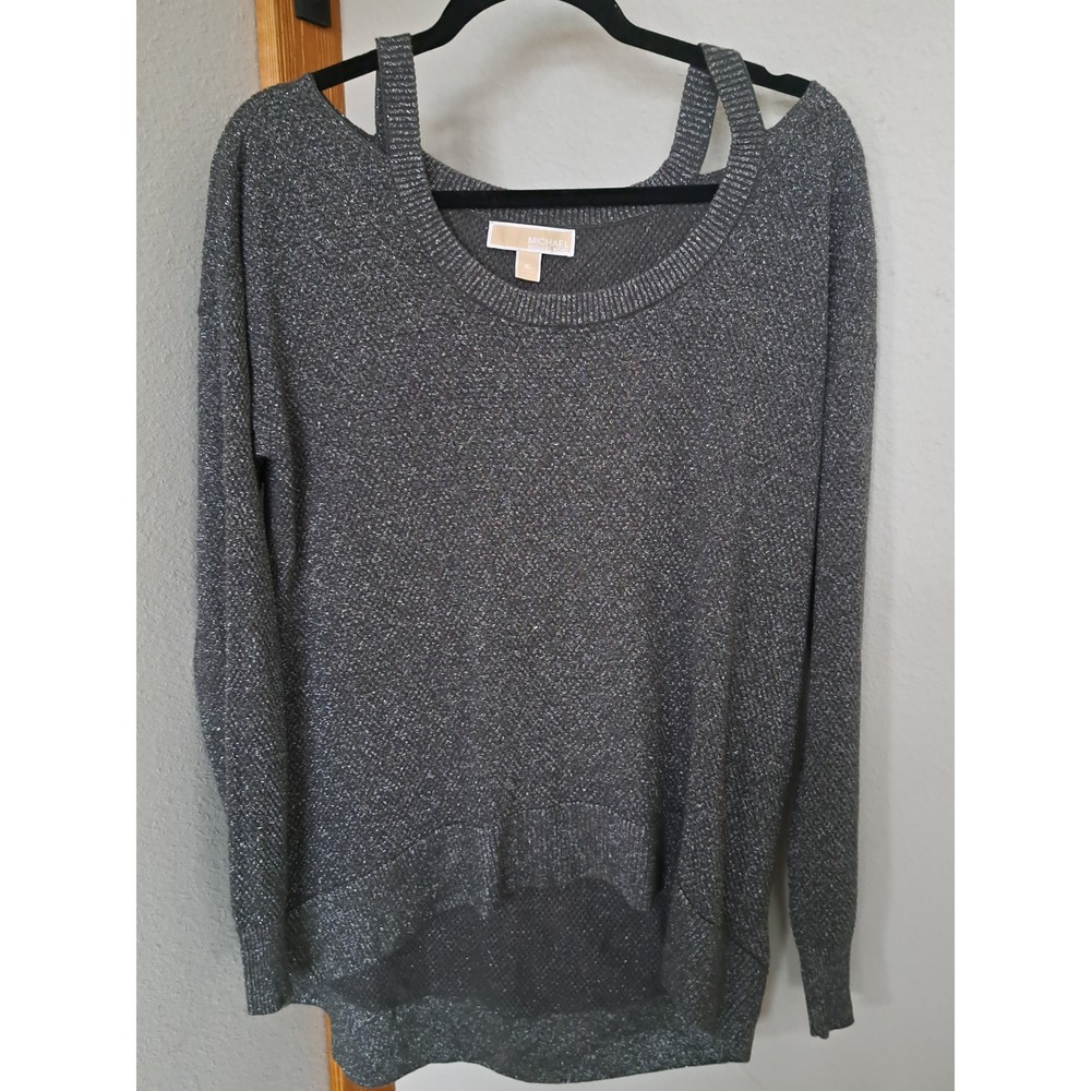 Michael Kors Womens XL Metallic Silver Cold Shoulder Knit Sweater High Low Hem